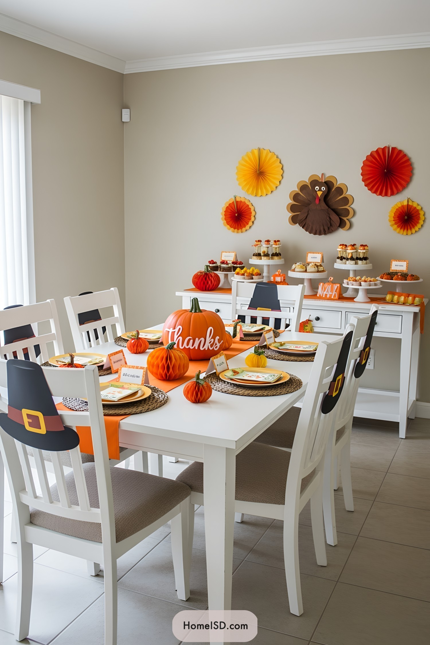 Thanksgiving dining table setup with turkey decorations and orange accents