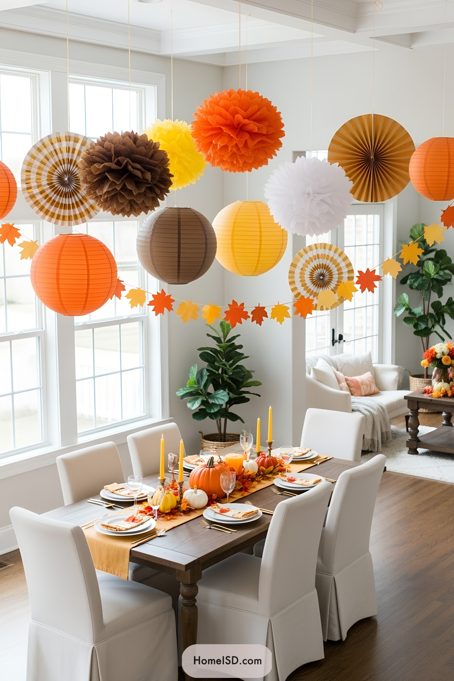 Festive table with pumpkins and hanging decorations