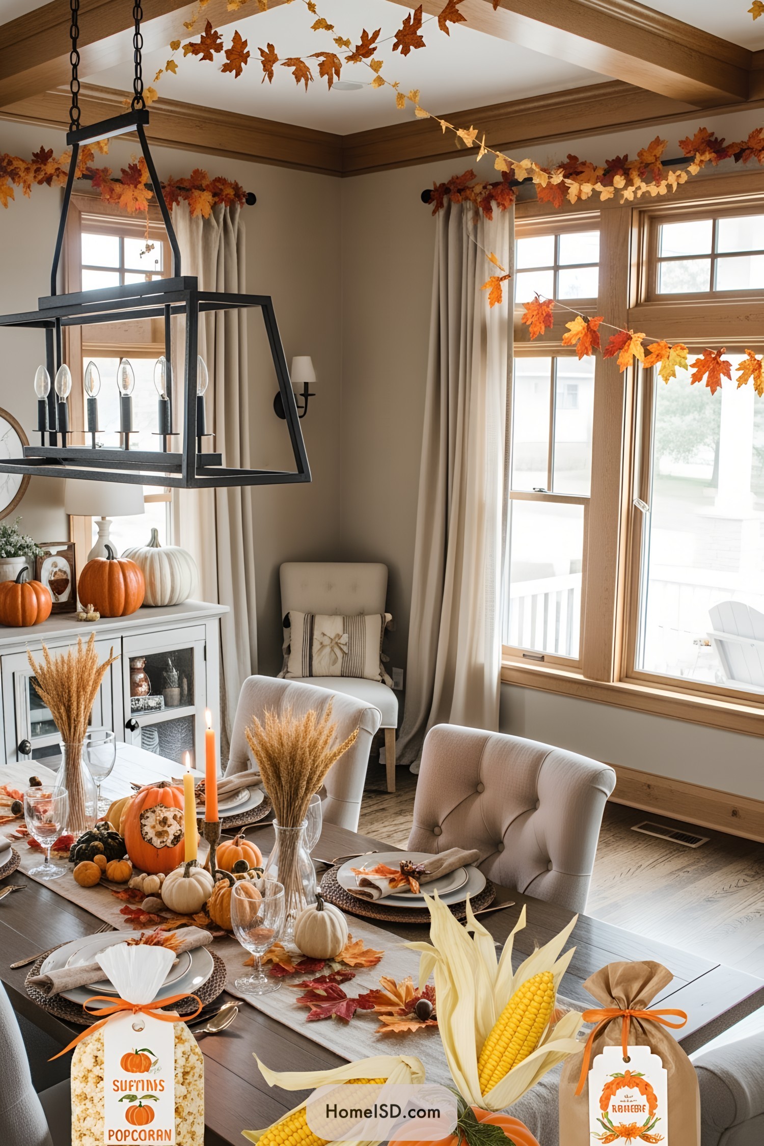 Dining room adorned with autumn leaves and pumpkins