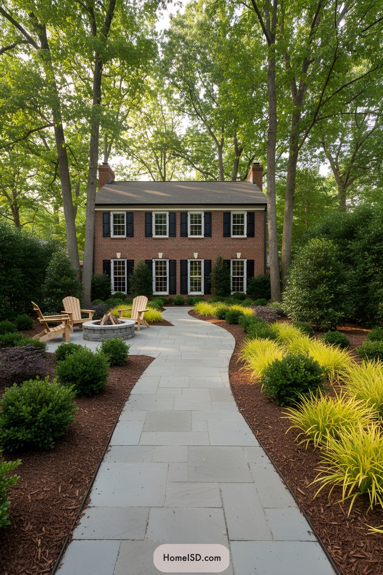 Charming pathway leading to a brick home with lively gardens
