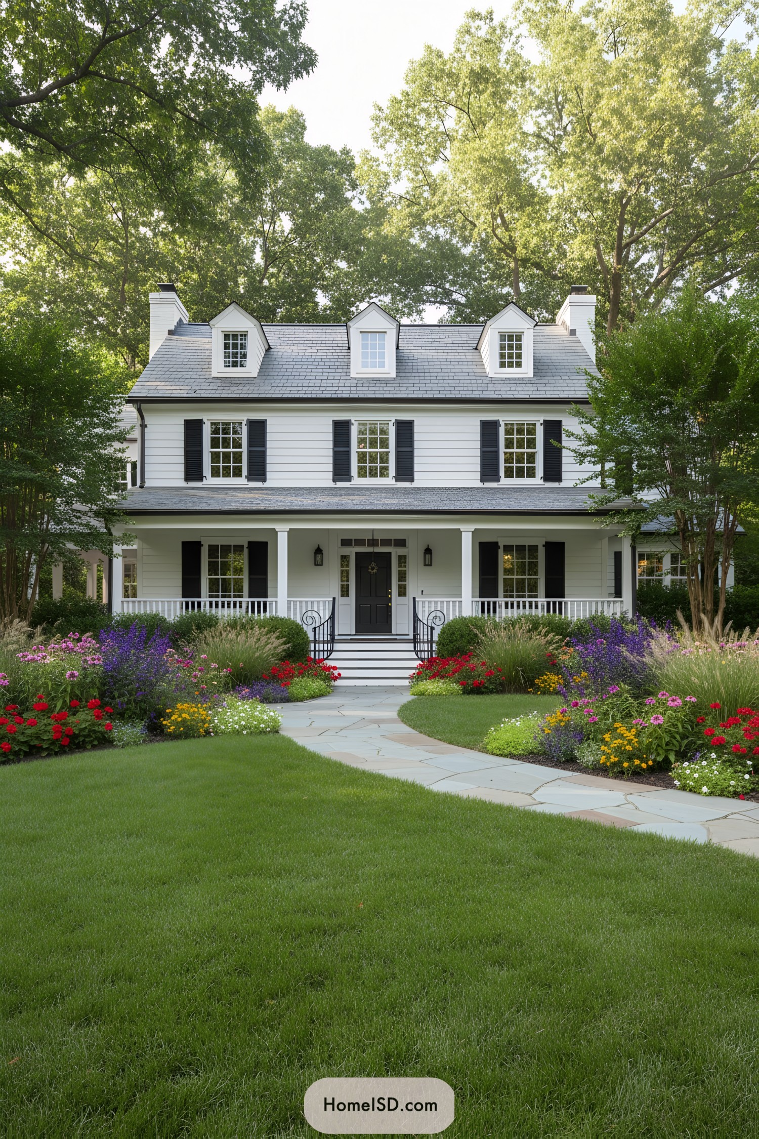 Front yard with lush greenery, blooming flowers, and a charming house