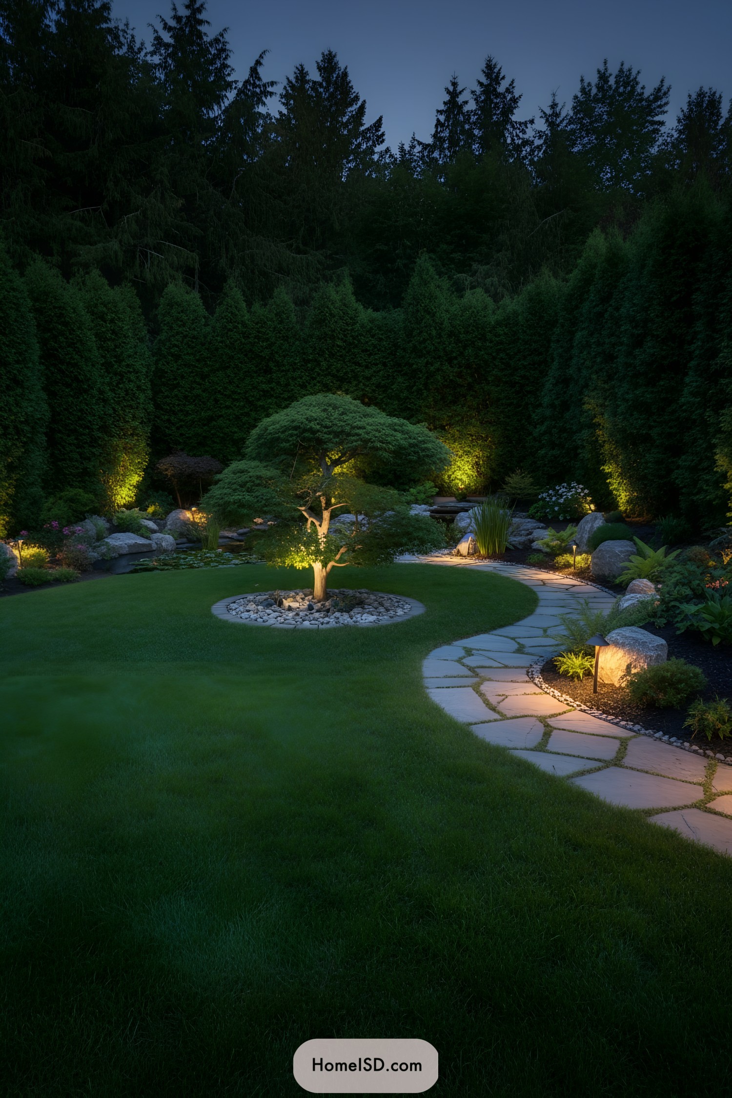 Garden with illuminated stone path and trees
