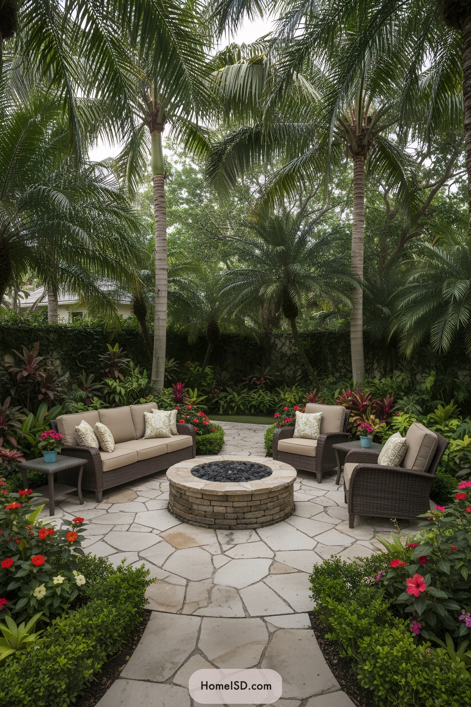 Outdoor seating area with fire pit and palms