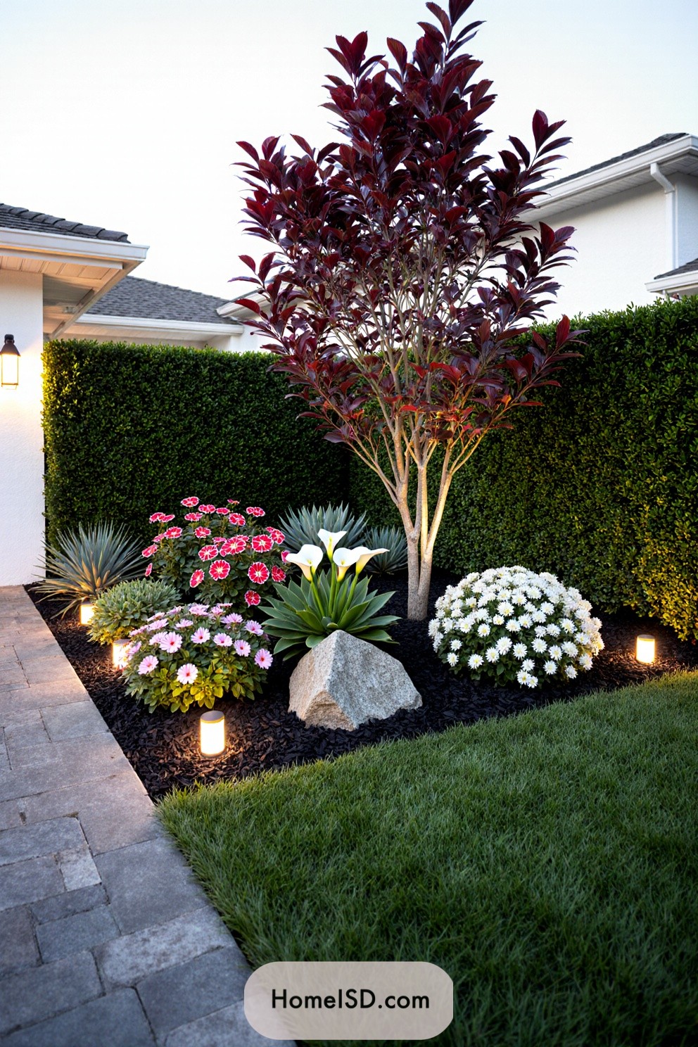 Elegant garden corner with vibrant blooms and soft lighting