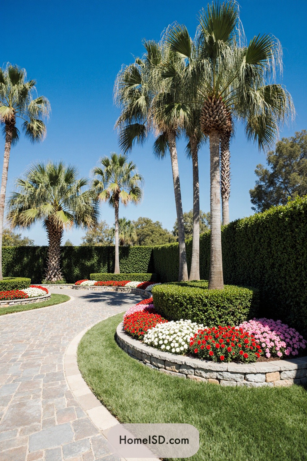 Luxurious garden path with palm trees