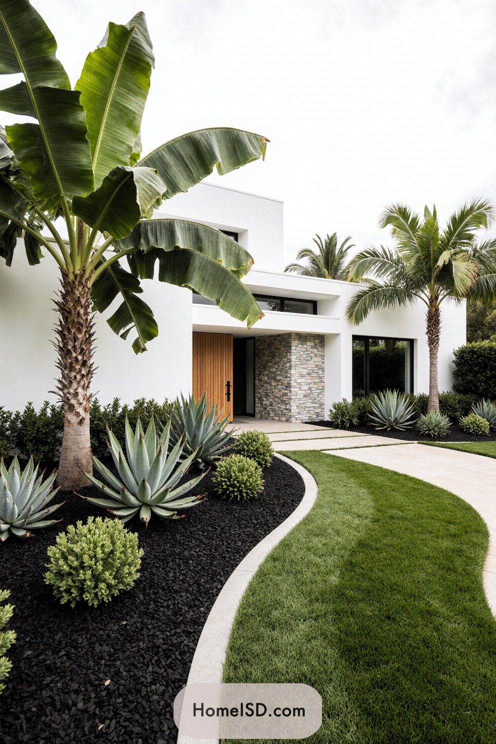 Modern house with tropical landscaping including palm trees and succulents