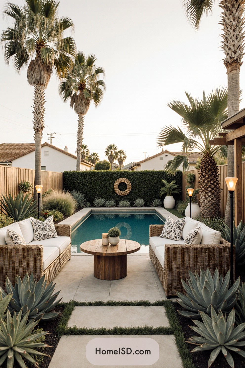 Outdoor seating by a small pool surrounded by lush foliage and palm trees