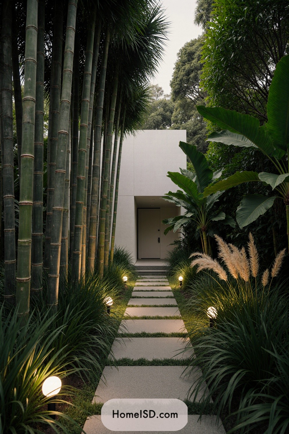 Pathway with lush greenery and modern lighting