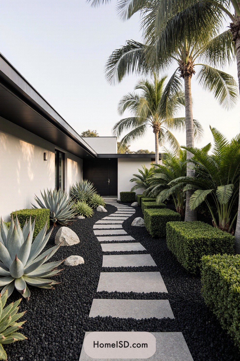 Pathway flanked by striking plants and palm trees