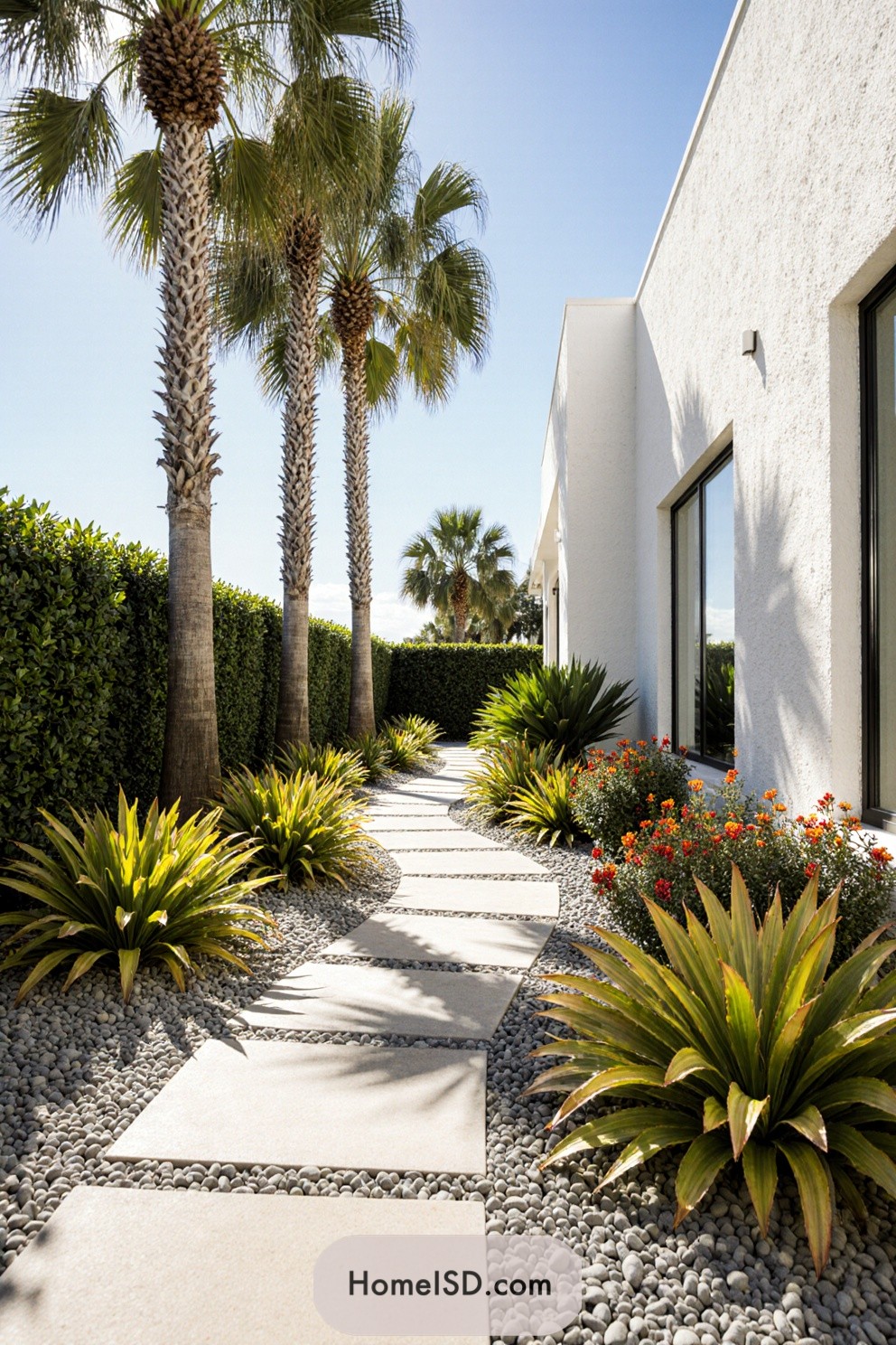 Pathway with palms and hedges in a tropical garden