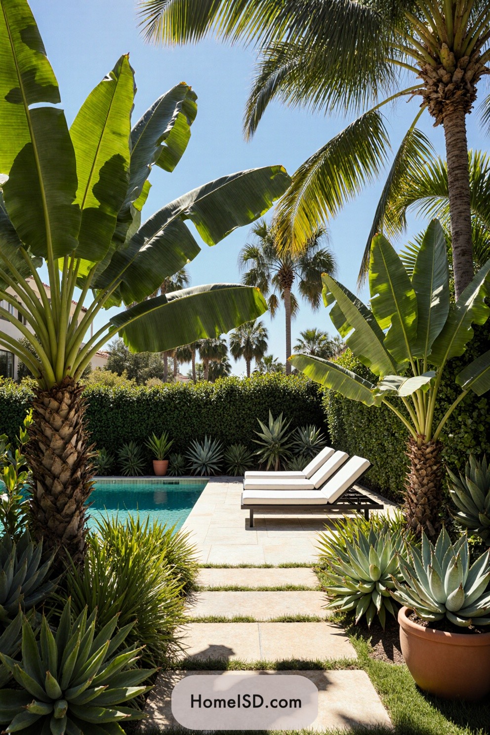 Tropical garden with banana trees by a pool