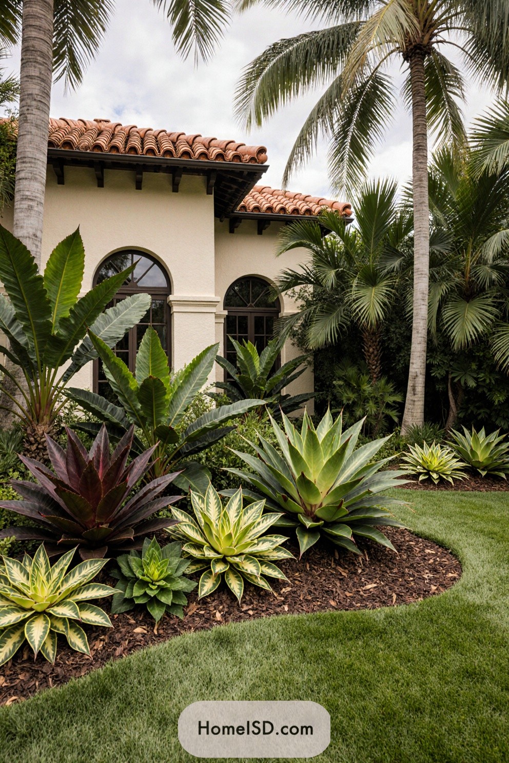 Tropical plants surround a landscaped lawn near a villa