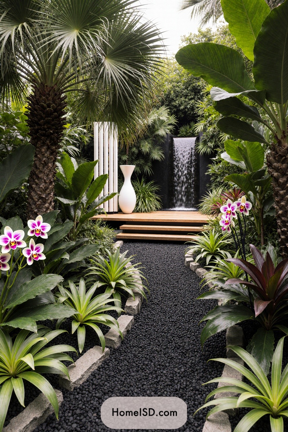 Pathway lined with tropical plants leading to a waterfall