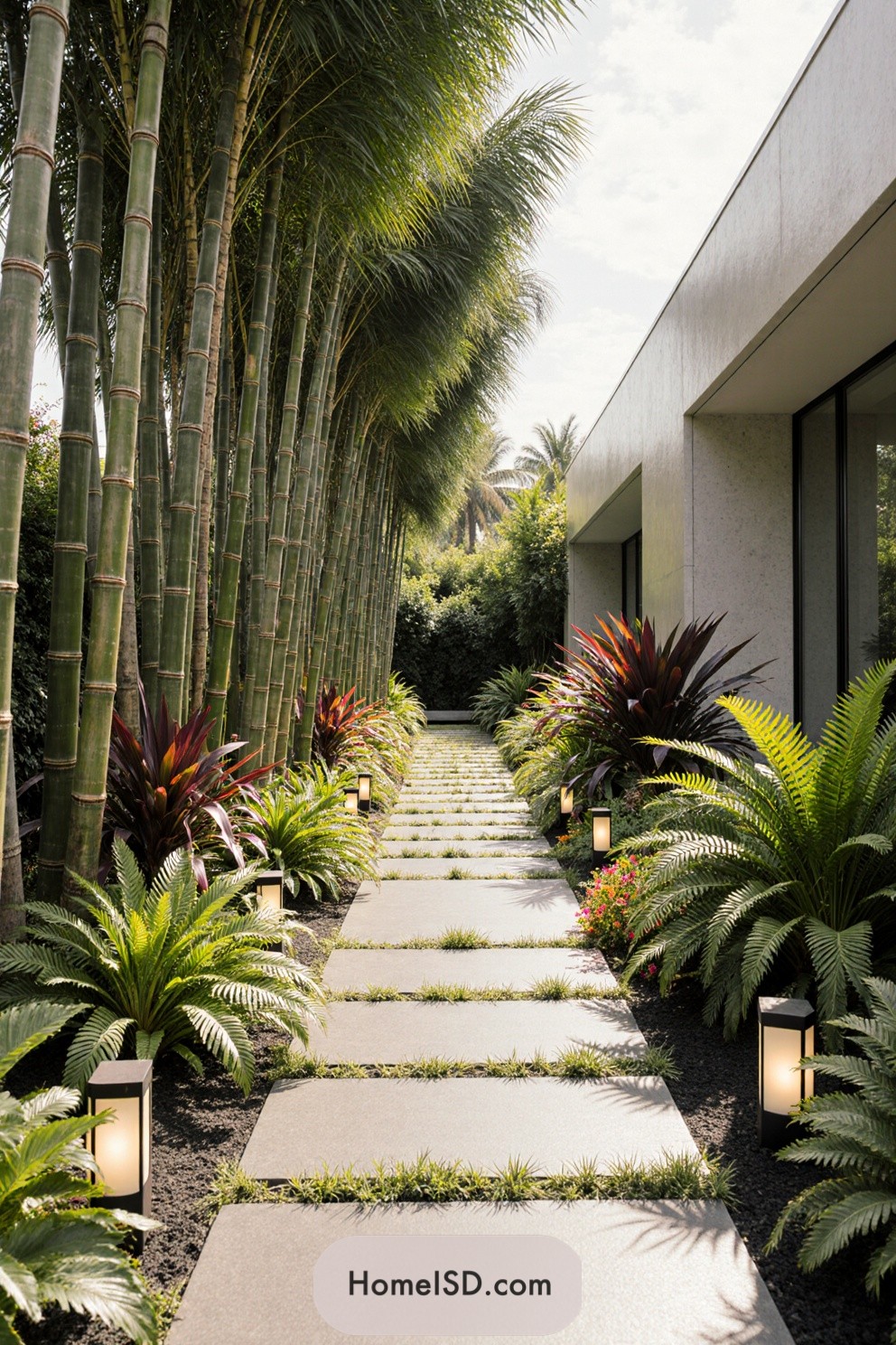 Lush garden path with tall bamboo and ferns