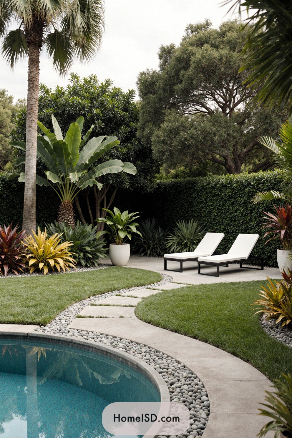 Tropical garden with a curved path and loungers by a pool
