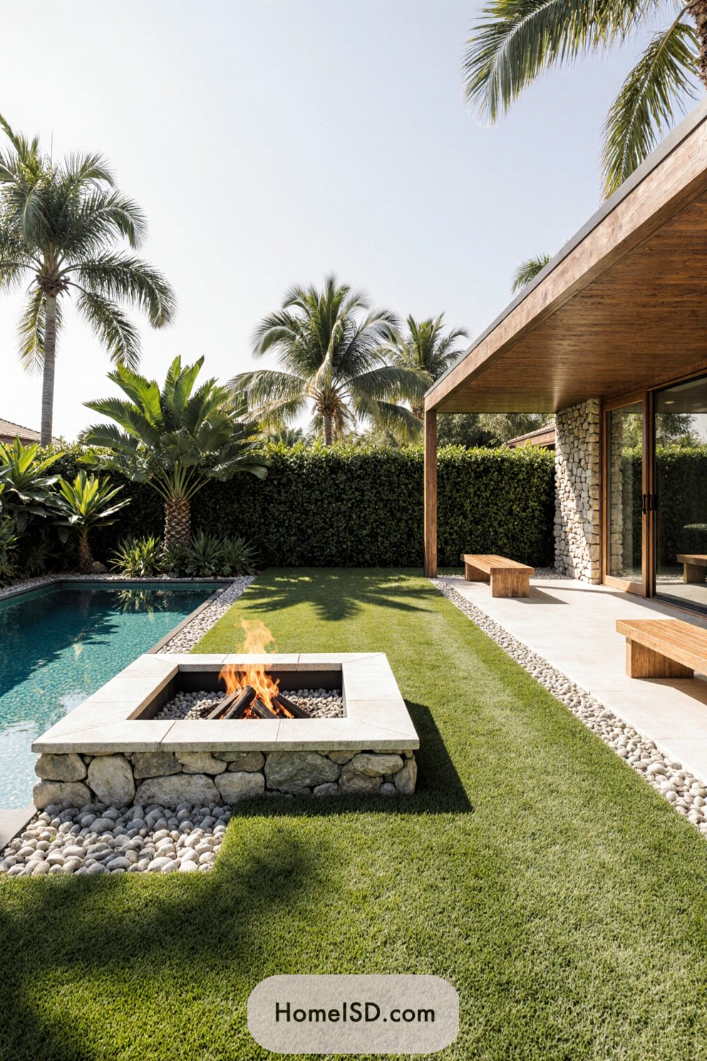 Outdoor fire pit beside a pool with palm trees