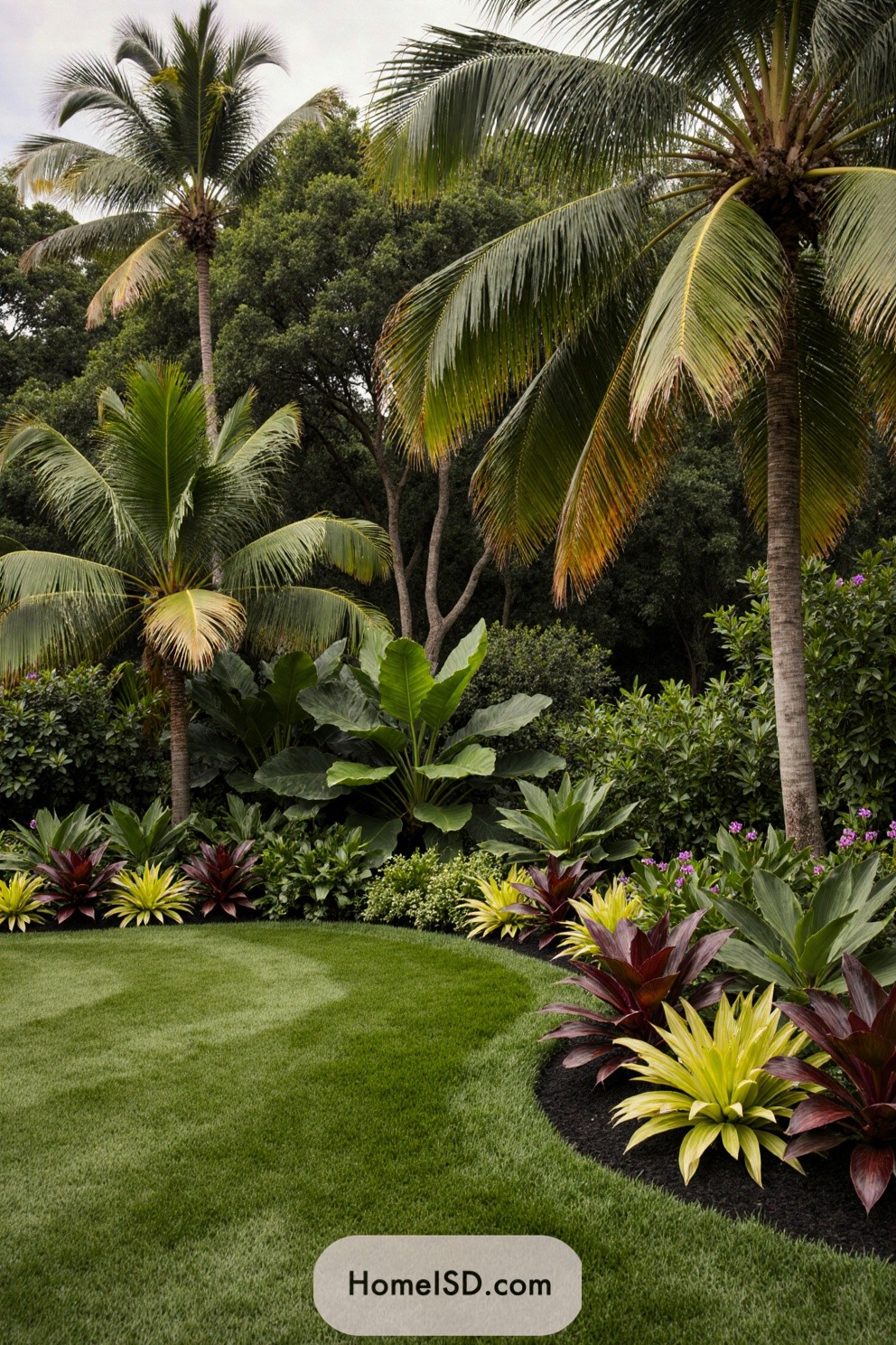 Tropical landscape design with lush green lawns and dense borders of palm trees and broadleaf plants. Layered foliage includes large palms, bromeliads, colorful crotons, and low flowering groundcovers. No visible architecture or furnishings. The backdrop is thick with tall green trees, creating a secluded and shaded atmosphere.