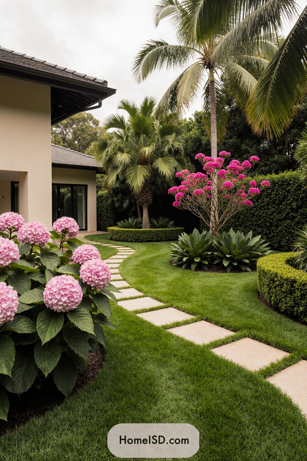 A vibrant tropical garden with palm trees and pink blooms