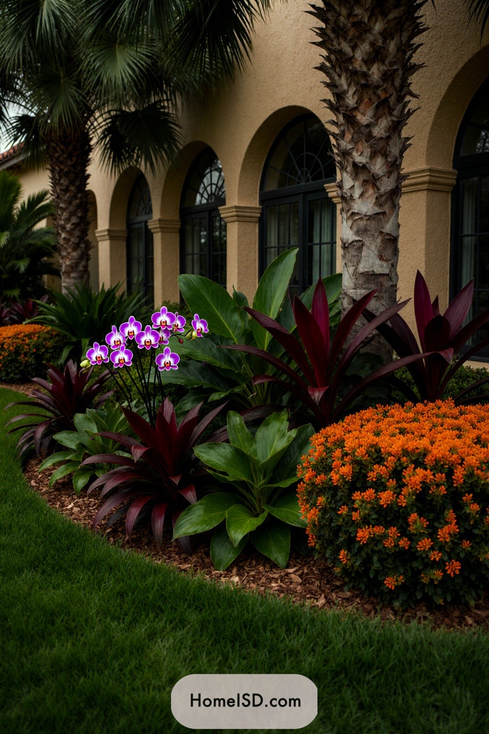 Lush garden with vibrant flowers and palm trees beside arched windows