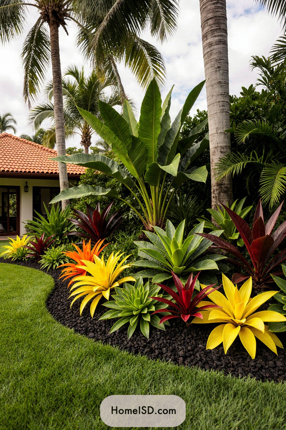 Vibrant tropical garden with colorful plants and palm trees