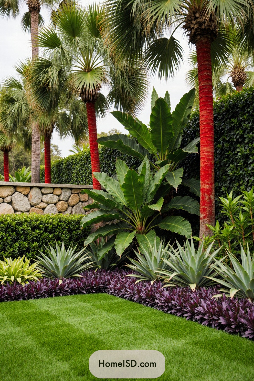 A lush garden featuring towering palm trees and vibrant greenery