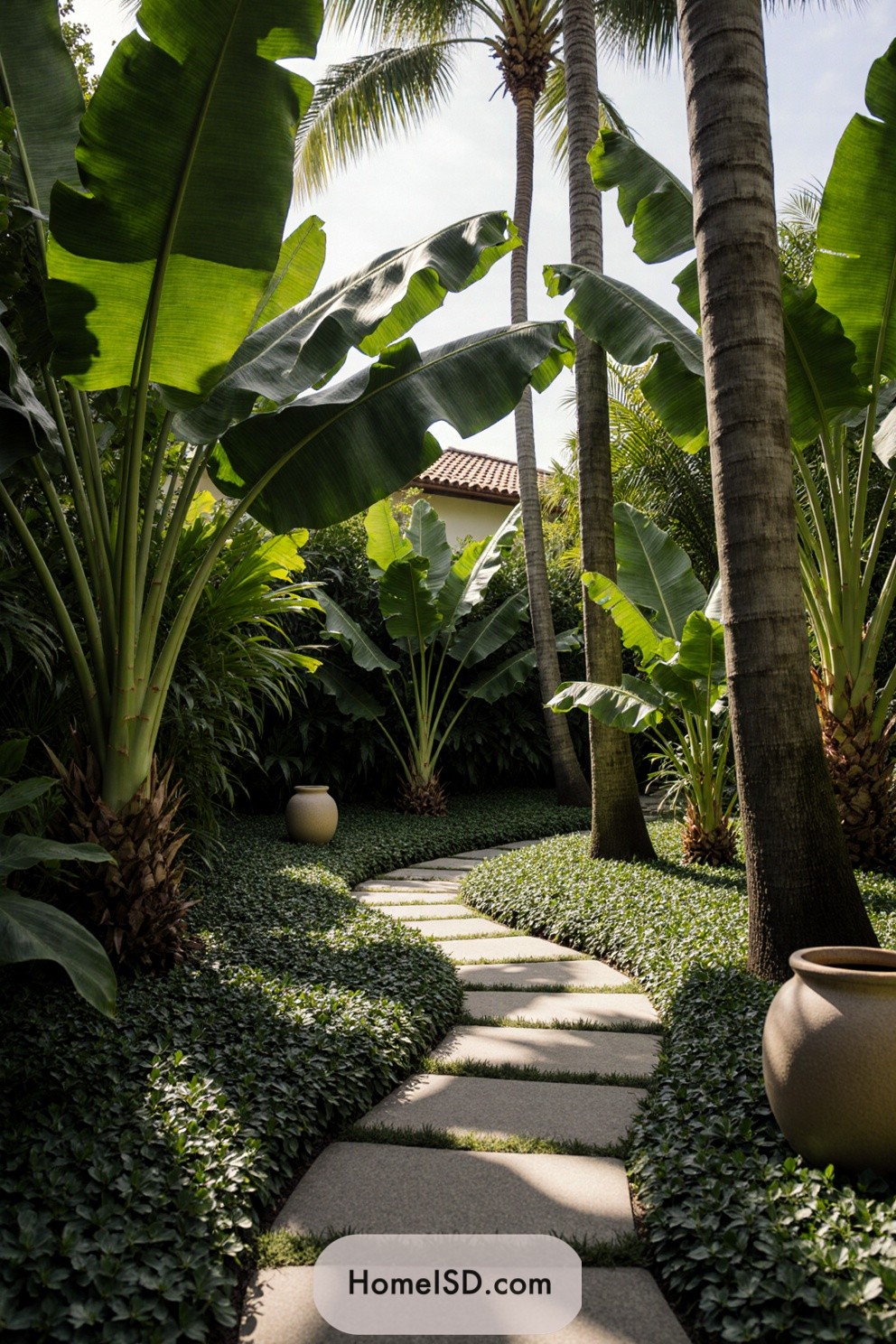 Lush tropical path with towering palms