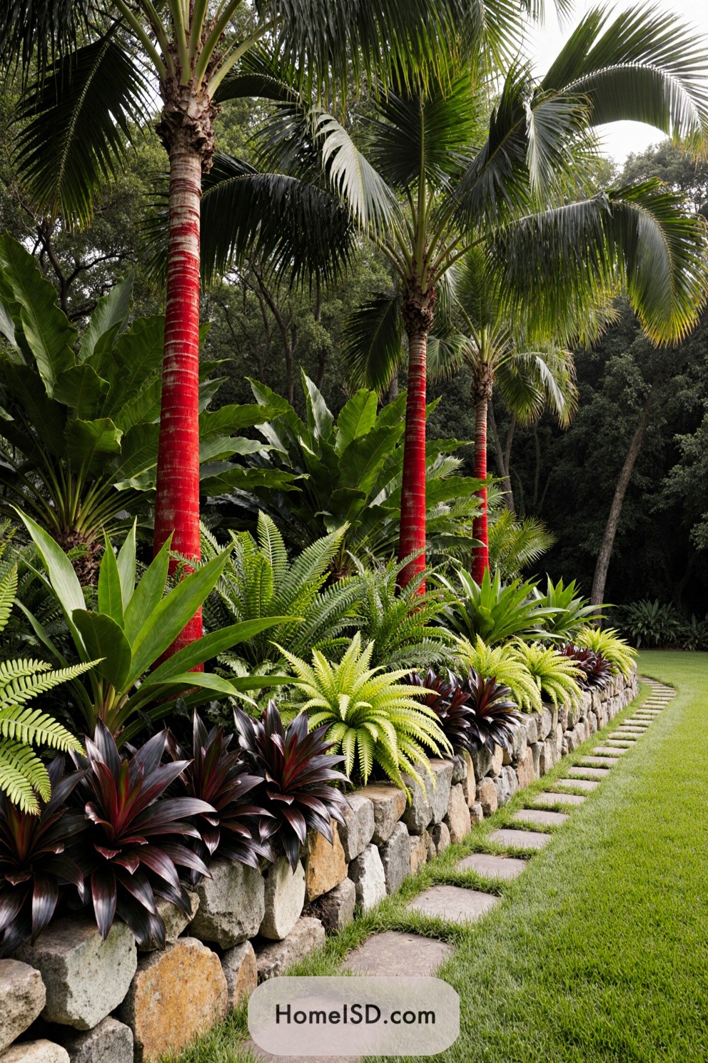 Tropical garden with vibrant red-trunked palms and lush greenery