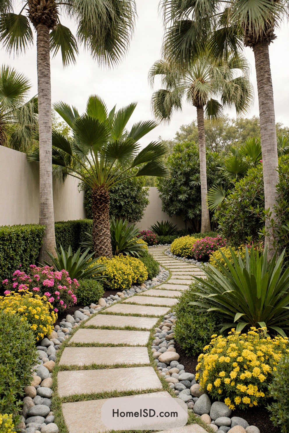 Lush garden with a stone pathway flanked by vibrant flowers and towering palms