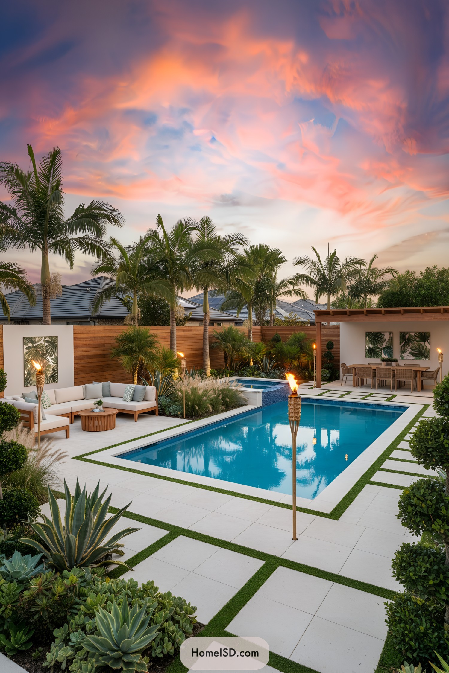 Backyard with pool, tiki torches, and tropical plants at sunset