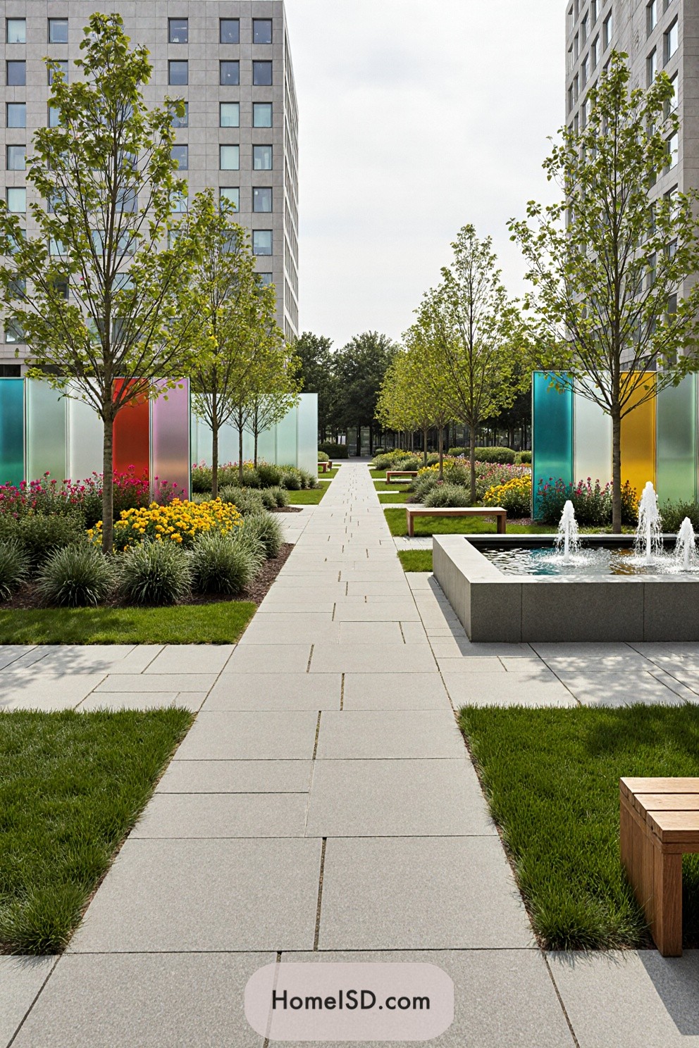 Urban landscape design with a contemporary and structured aesthetic, featuring geometric paved walkways intersecting expansive green lawns. The garden incorporates linear rows of young trees and dense low shrubbery, with colorful flowering plants accenting pathway edges. Architectural elements include abstract glass partitions in varied colors and a small water feature with fountains. Modern wooden benches provide seating throughout, enhancing functionality. The scene is open, surrounded by greenery, and conveys a minimalist yet vibrant urban ambiance.