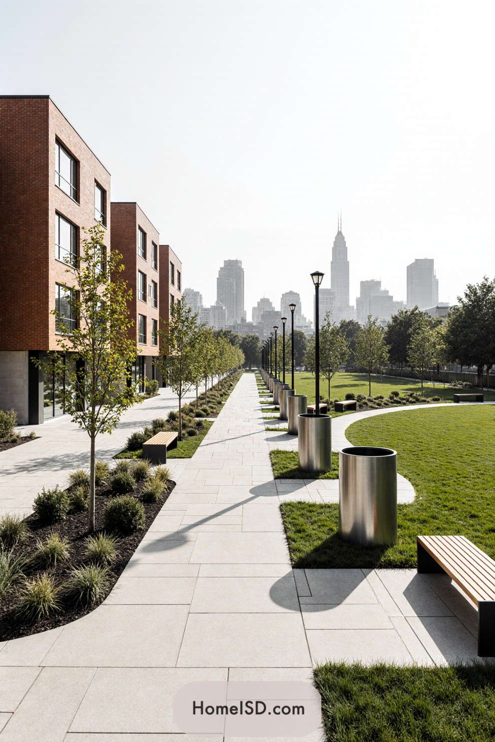 Urban walkway beside sleek buildings and lush green space