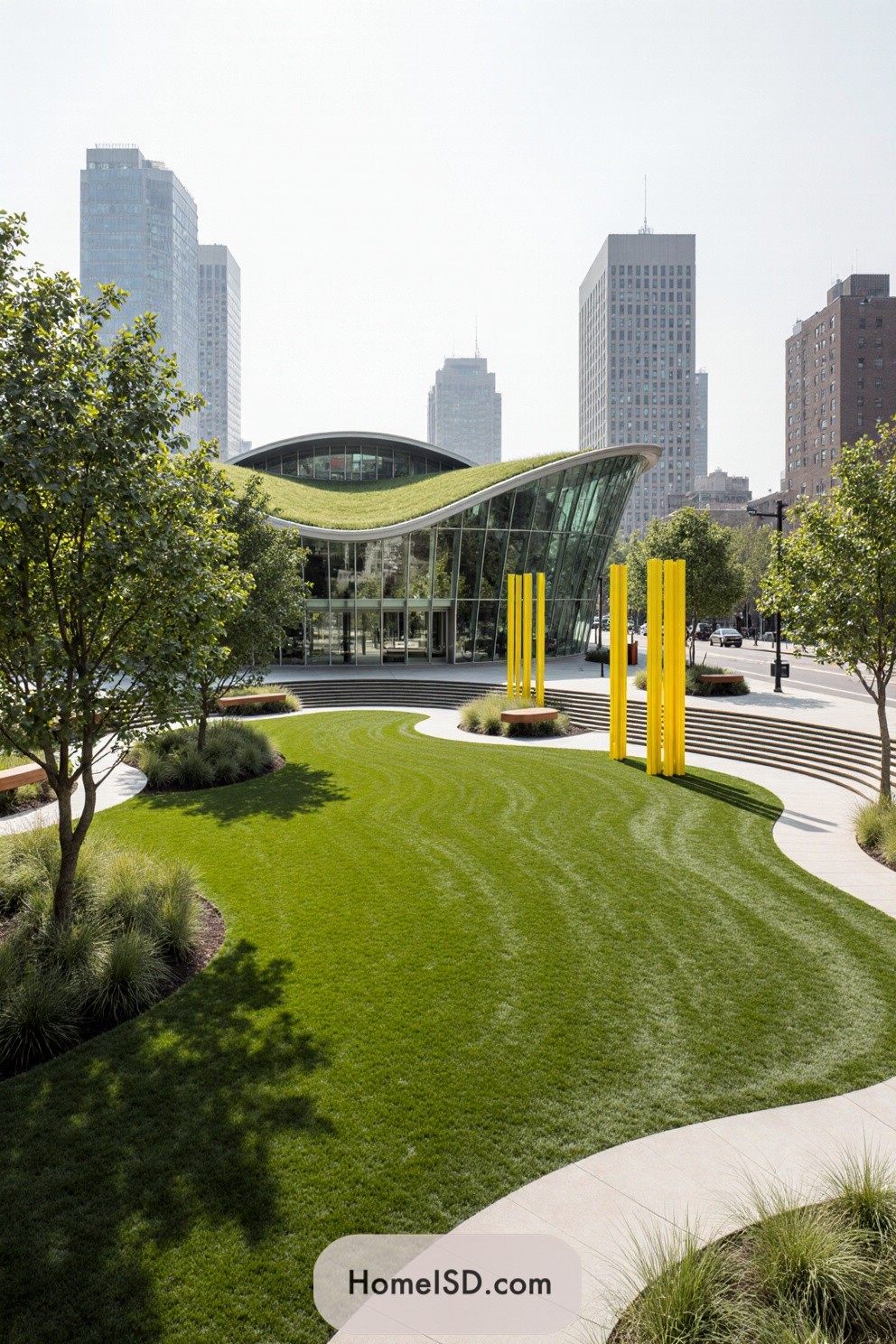 Modern building with a wavy green roof amidst skyscrapers and lush lawns