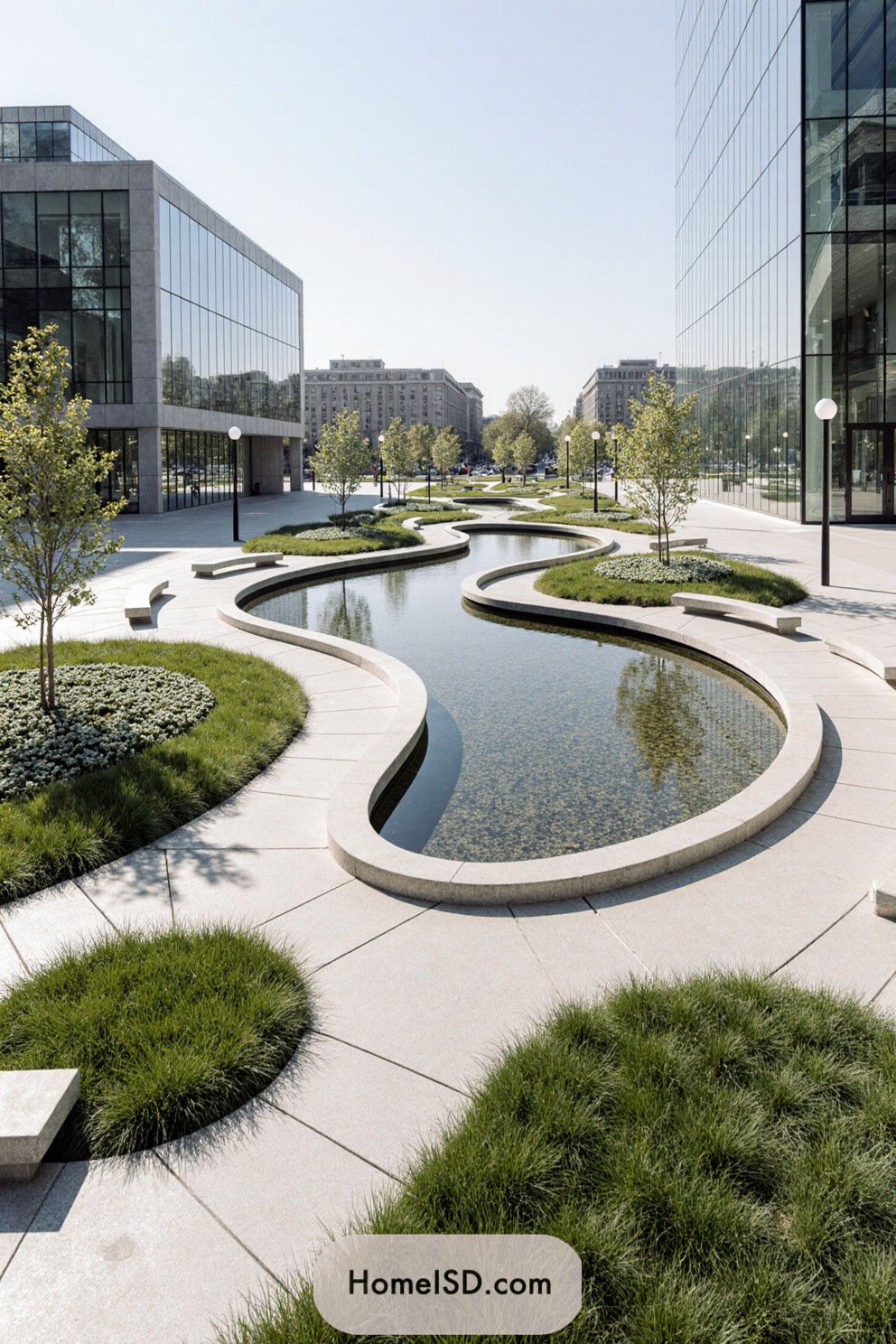 Curved pathways with water and greenery in a cityscape