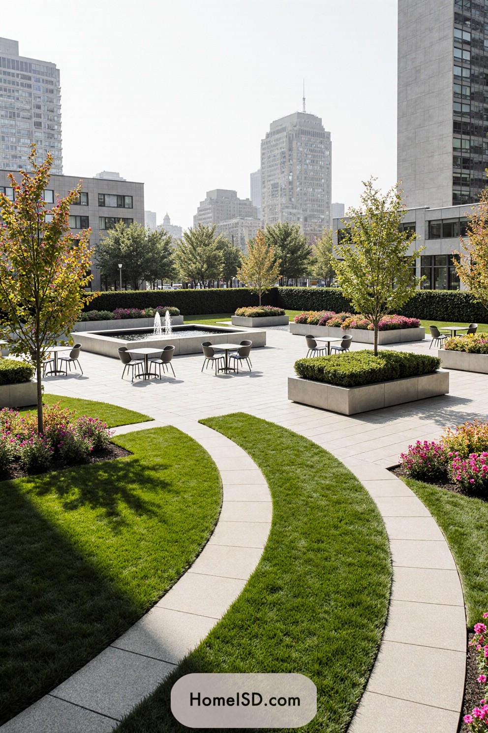 Urban park with wavy paths, grassy areas, and seating