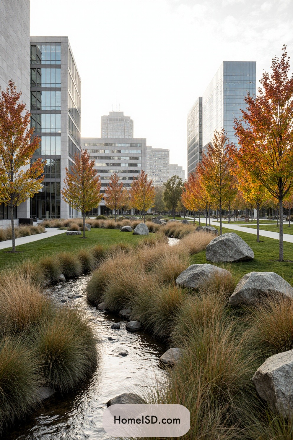 Serene urban landscape with a stream, trees, and buildings