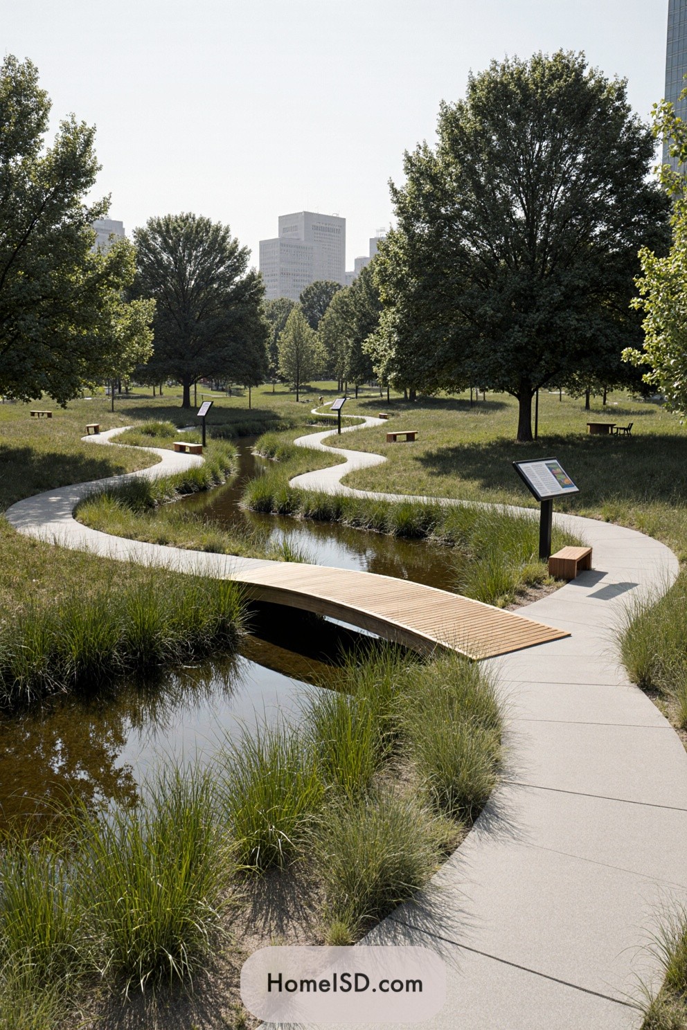 Curved pathway with grass and trees in an urban setting