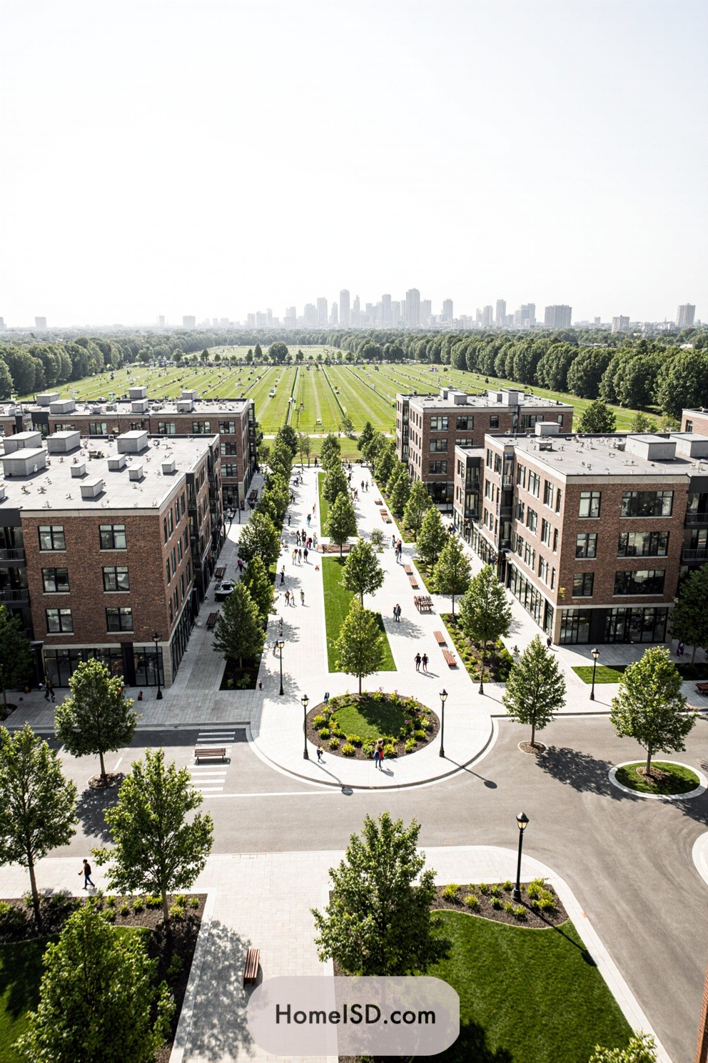 Modern urban neighborhood with green spaces and city skyline