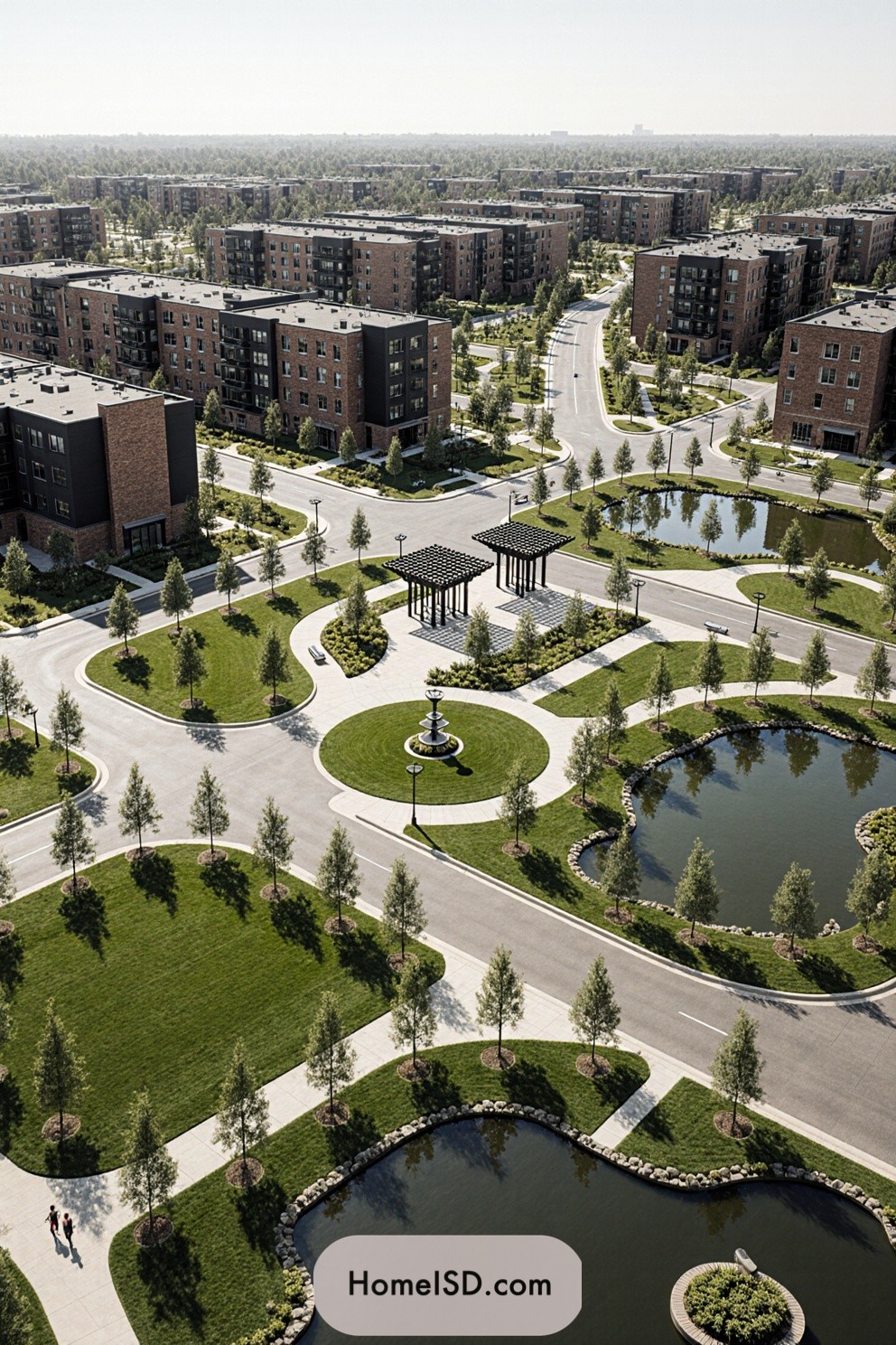 Aerial view of a modern urban landscape featuring ponds, pathways, and green spaces