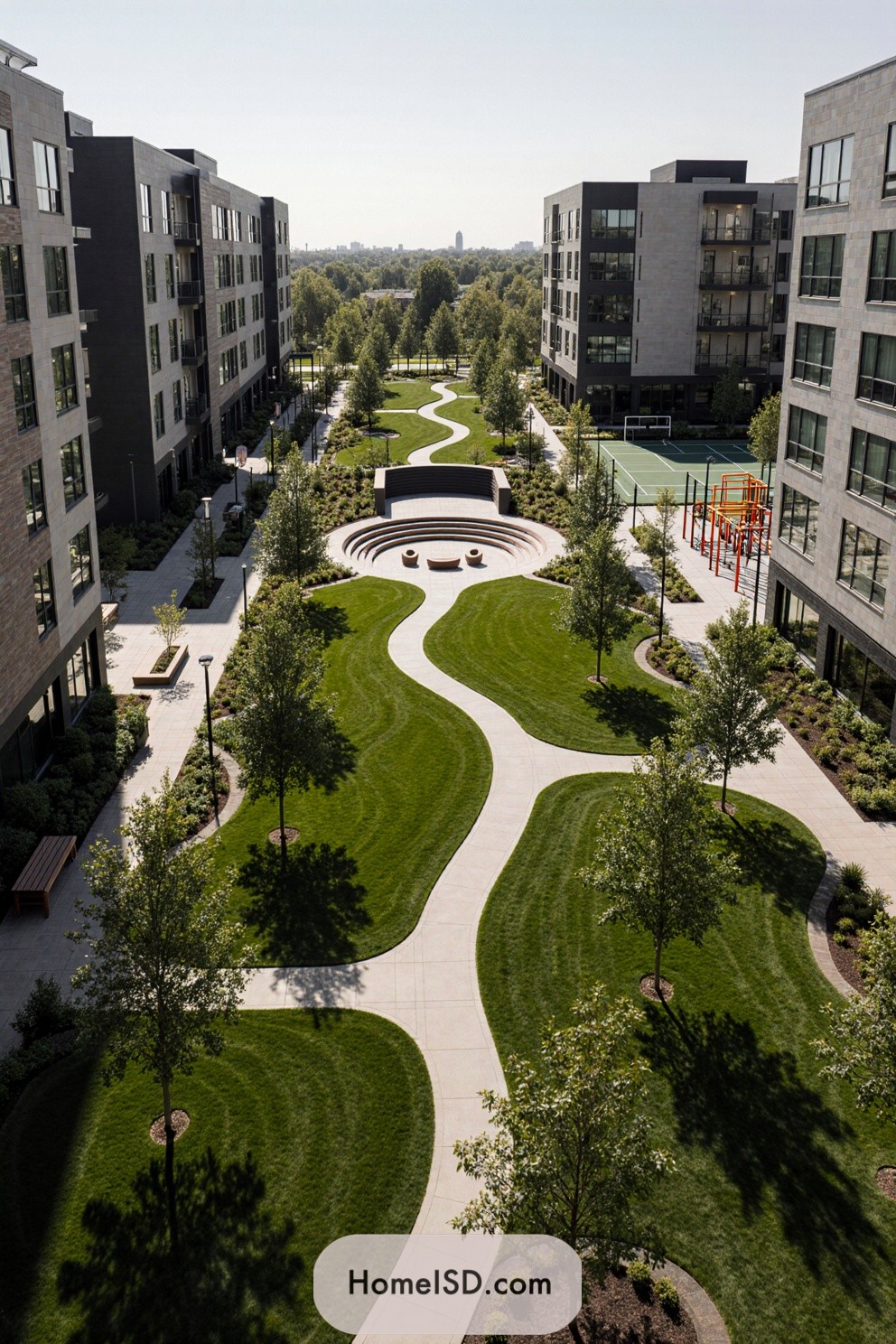 Lush landscaped path in modern apartment complex