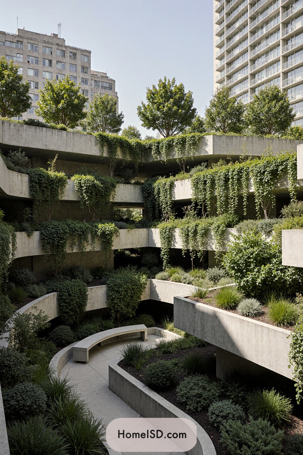 Concrete tiers adorned with cascading greenery