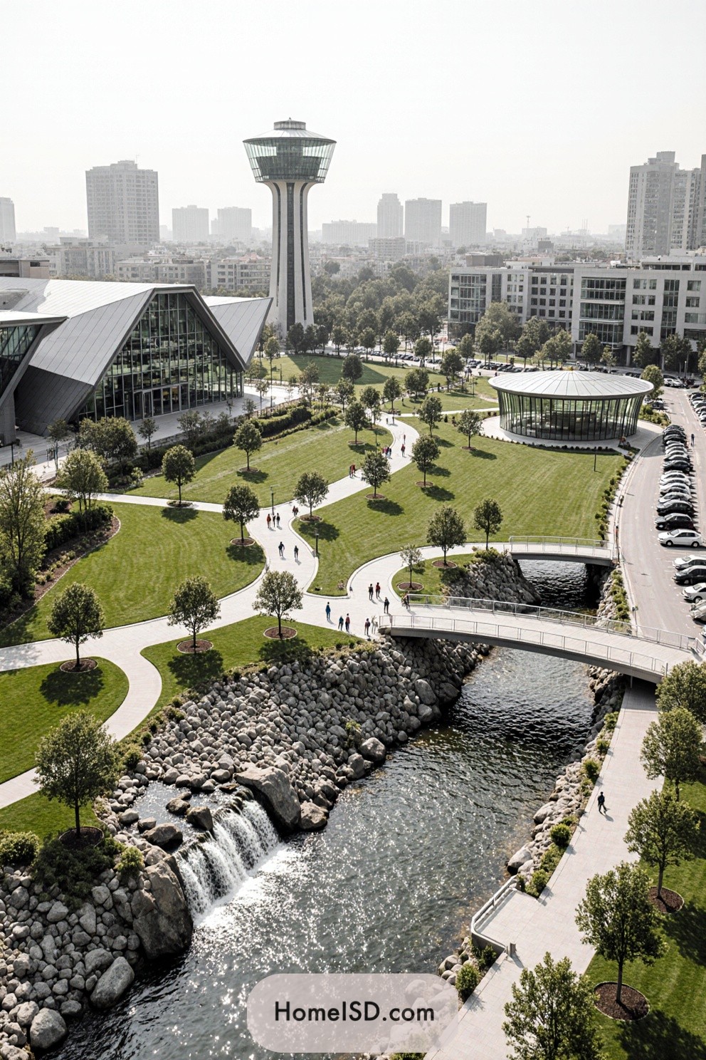 Park with paths, trees, and a stream in an urban area