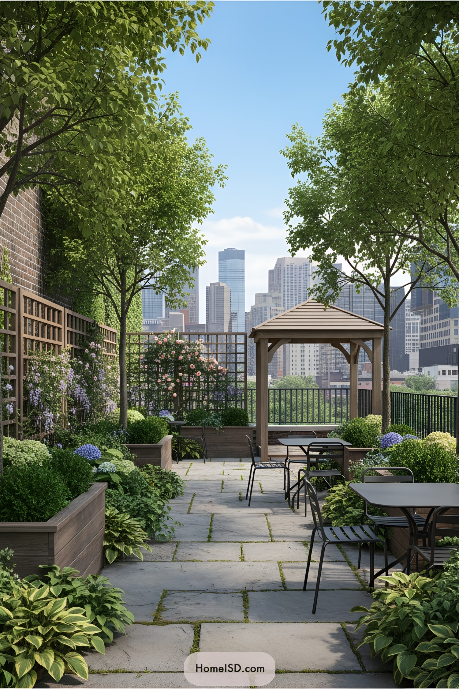Chic urban terrace with lush greenery and modern seating