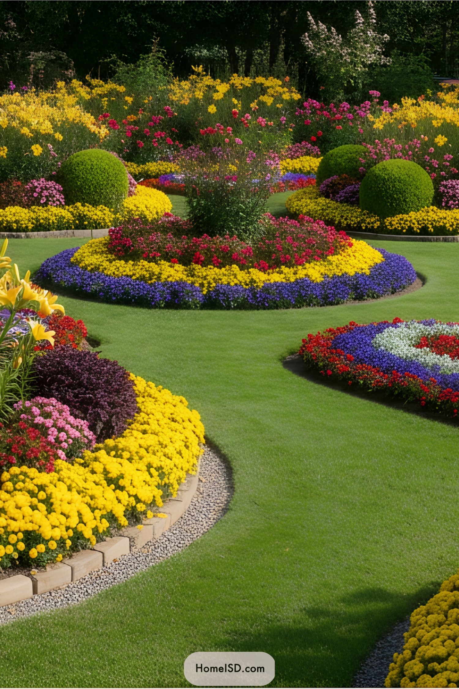 Colorful flower beds in a vibrant garden