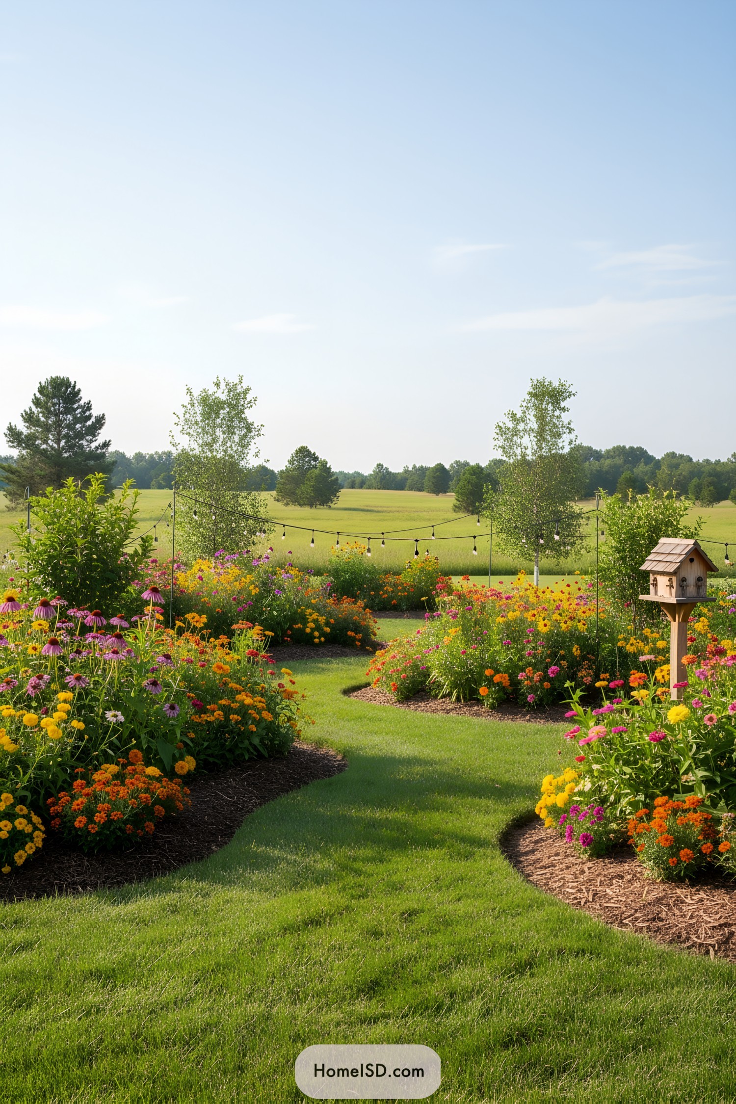 Colorful flower garden with a winding path and string lights