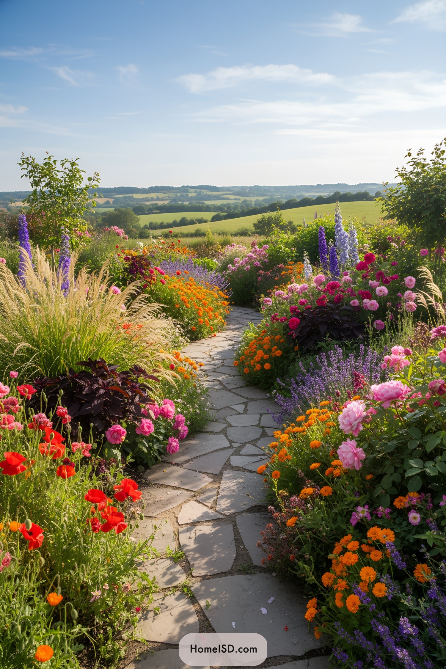 Vibrant garden pathway surrounded by colorful flowers