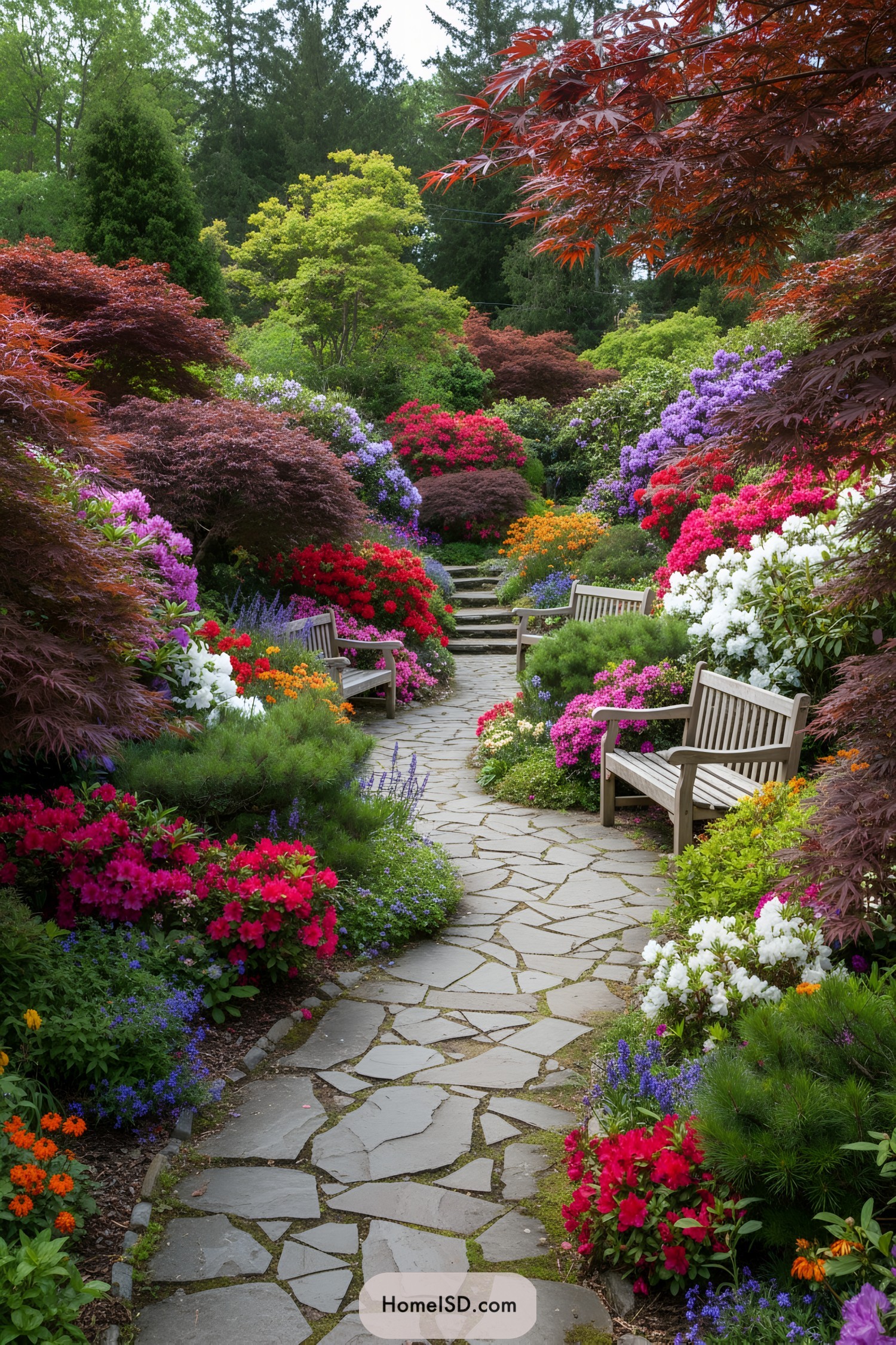 Colorful stone path through vibrant flower garden with wooden benches