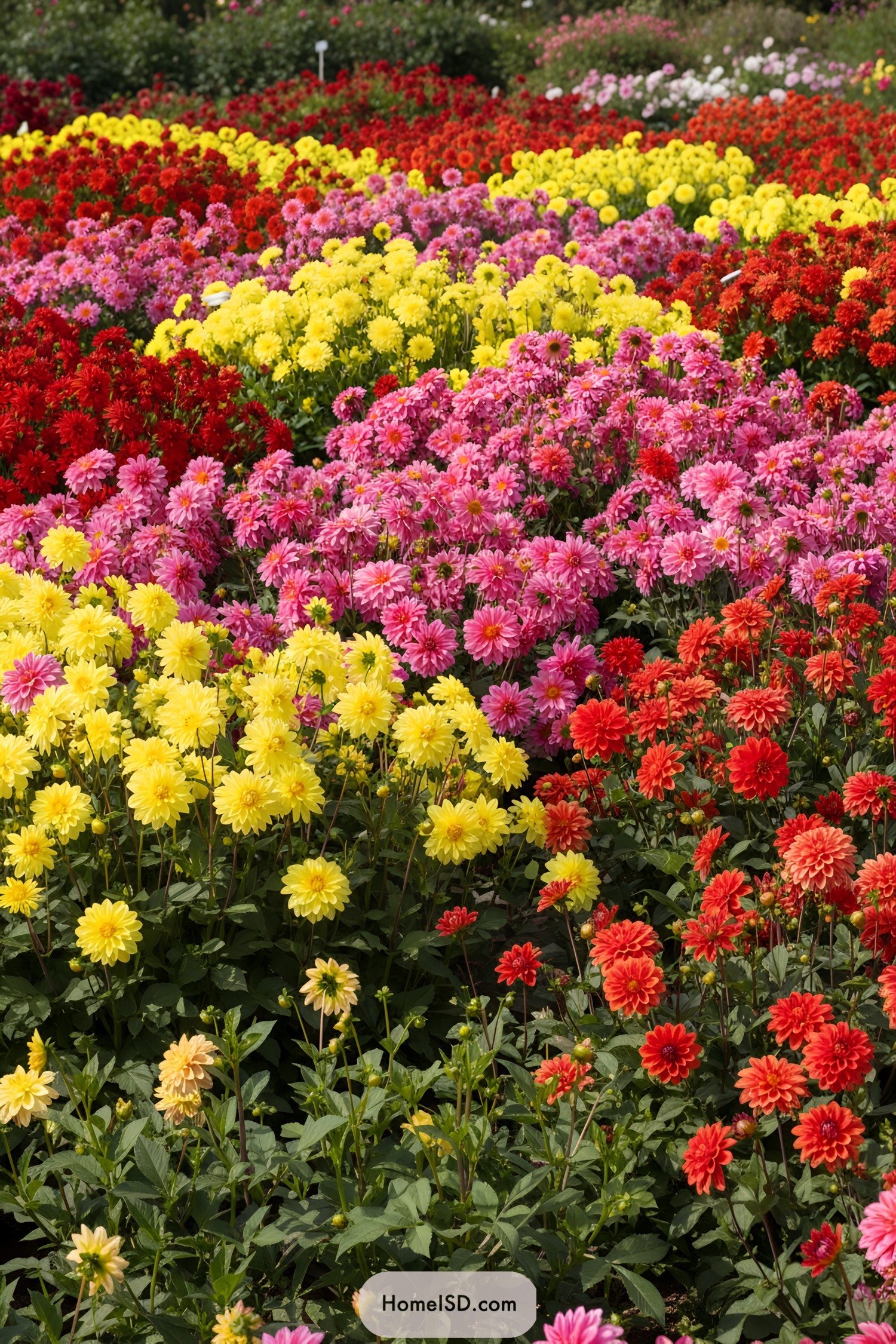 Vibrant dahlia garden with red, yellow, and pink blooms