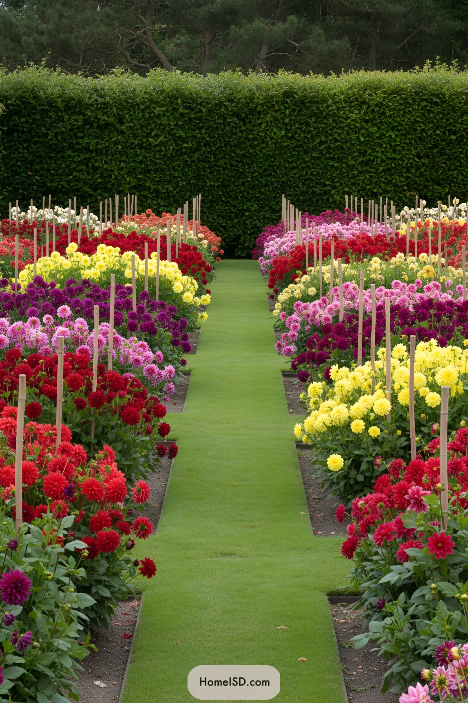 Vibrant rows of colorful dahlia flowers with a grass pathway
