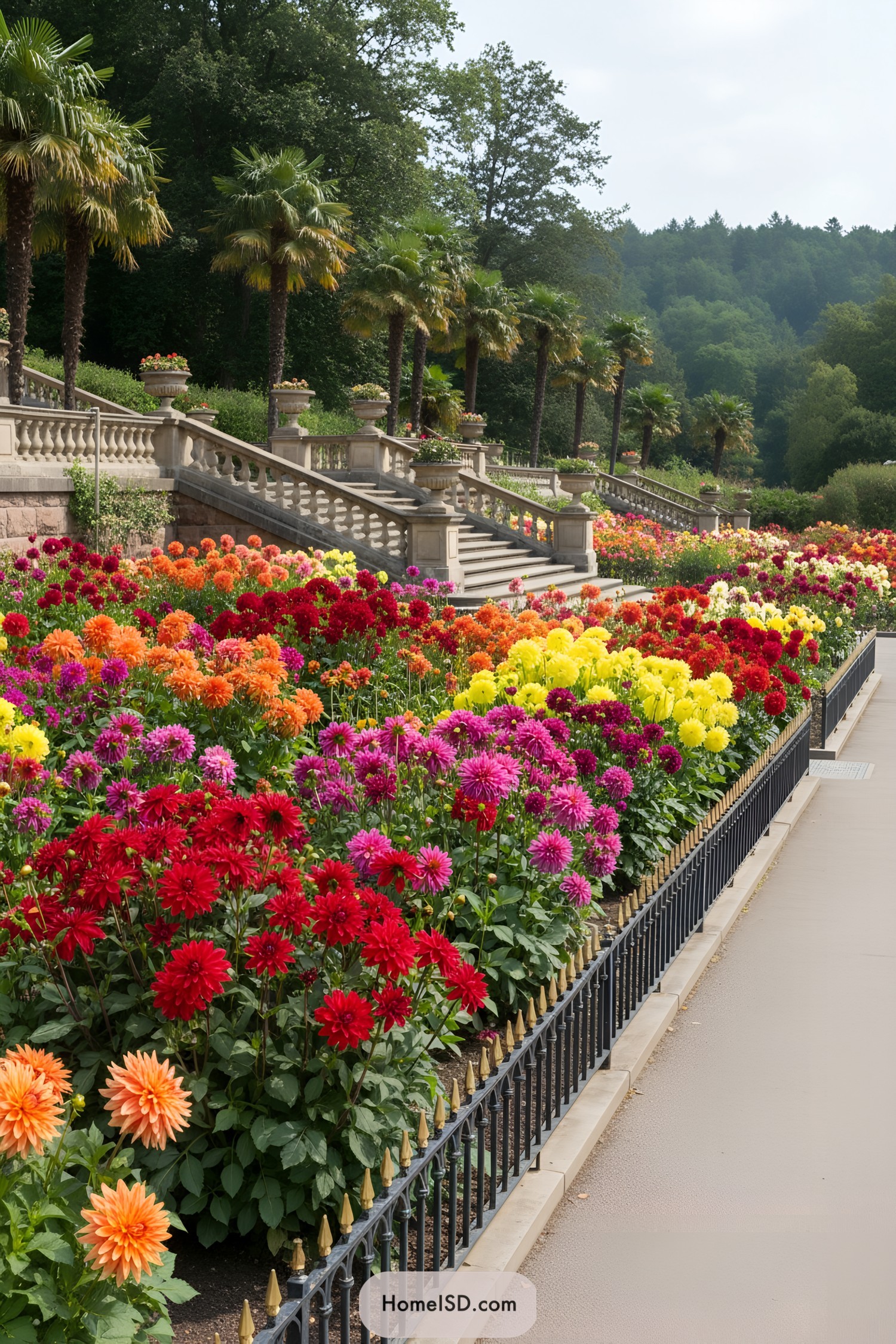 Colorful dahlias bloom along a grand staircase in a formal garden