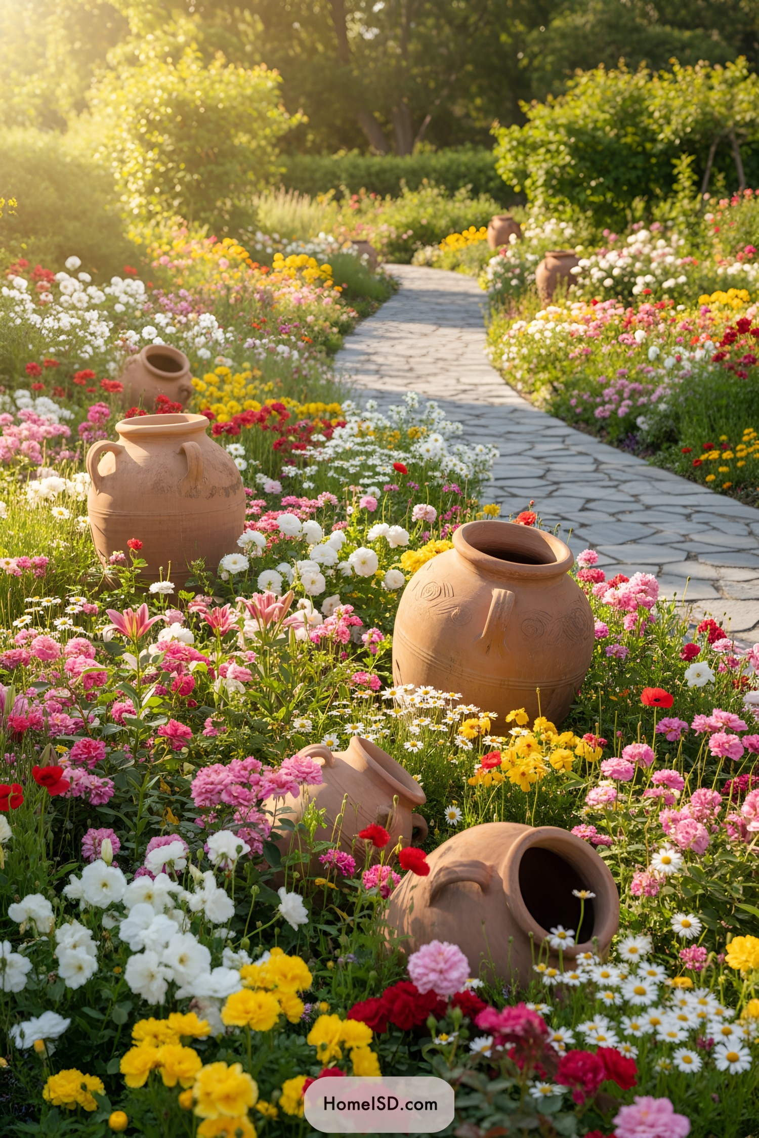 Colorful flower garden with clay pots and stone path